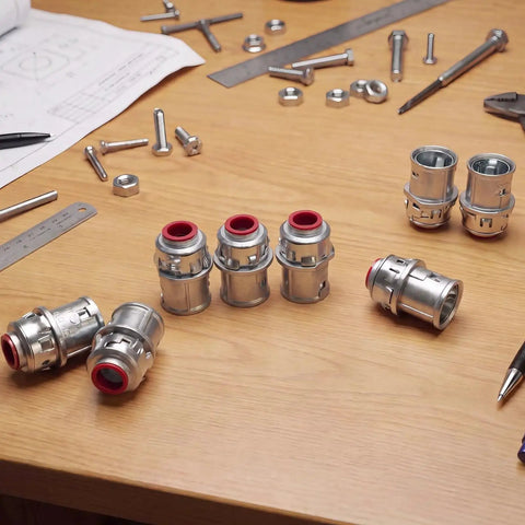 Premium 3/8 Inch MC Cable Connectors 25 Pack Top Shelf Zinc Die Cast Metal Clad Fittings for 1/2 Inch Knockout on workbench.