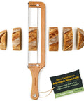 Adjustable Bread Knife With Precision Thickness Guide and sliced baguette, serrated stainless blade, bamboo handle, artisan bakers