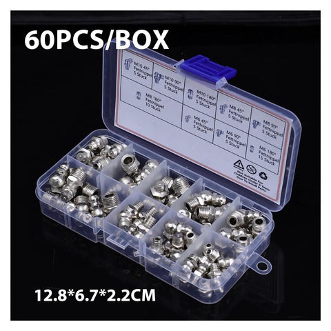 Gearhead Approved Grease Nipple Kit, 60 Piece Assortment for Bearings in a transparent plastic case with M6 M8 M10 nipples