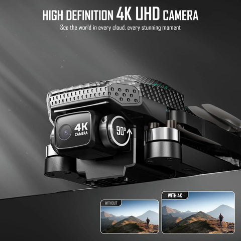 Close-up of Foldable Drone With 4K Camera For Adults And Beginners, FPV RC Quadcopter With GPS Follow, showing lens and angle.