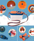 Kids Camping Set With Pop Up Tent And Outdoor Gear showing flashlight, magnifying glass, compass, and binoculars.