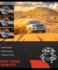 Rear Wheel Bearing And Hub Assembly 2 Pack For Toyota Corolla 2003 2008 Matrix 2003 2008 Celica 2000 2005 And Pontiac Vibe 2003 2008 FWD Non ABS 5 Lug Durable Beefy Heavy Duty High Load Capacity Easy To Install shown in desert terrain with load capacity graphics.