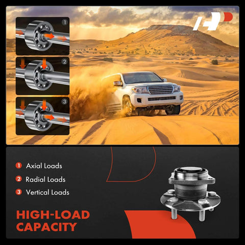 Rear Wheel Bearing And Hub Assembly 2 Pack For Toyota Corolla 2003 2008 Matrix 2003 2008 Celica 2000 2005 And Pontiac Vibe 2003 2008 FWD Non ABS 5 Lug Durable Beefy Heavy Duty High Load Capacity Easy To Install shown in desert terrain with load capacity graphics.