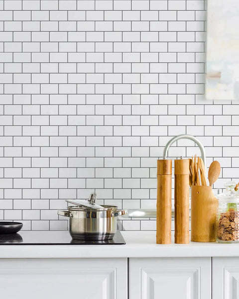 Kitchen view with Thicker Version Peel And Stick Subway Tile Backsplash No Brainer DIY 12x12 Inch for Easy installation and durability.