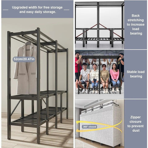 Top Shelf Heavy-Duty Foldable Clothes Wardrobe showing stable design and zipper cover for dust prevention, dimensions 66x19.68x70 inches.