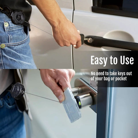 Two Pack Retractable Keychains With Heavy Duty Carabiner Badge Holder And Tactical ID Reel in use unlocking a door, steel cord extended.