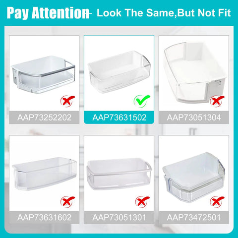 Comparison of refrigerator door shelf bins, highlighting correct top-right bin replacement for LG and Kenmore models, EAD61445219.
