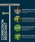 Infographic showing stainless steel deep root feeder for tree watering spike tool with T handle and corrosion-resistant feature.