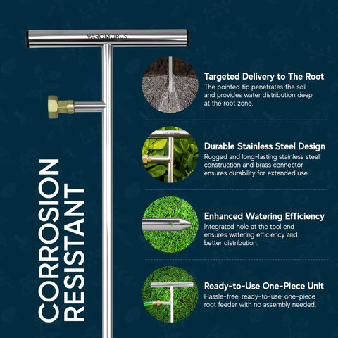 Infographic showing stainless steel deep root feeder for tree watering spike tool with T handle and corrosion-resistant feature.