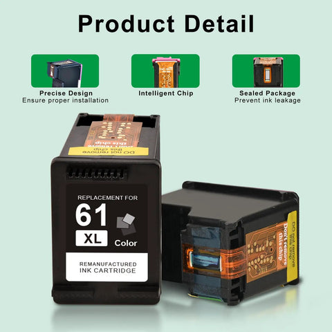 61XL Black And Tri Color Ink Cartridge Combo Pack Remanufactured For 61 Series Printers Including Envy 4500 4501 4502 4503 4504 4505 5530 5531 5532 5534 Deskjet 2540 4630 4635 3510 1000 1010 With High Page Yield Up To 712 Pages displayed with product details and sealed packaging
