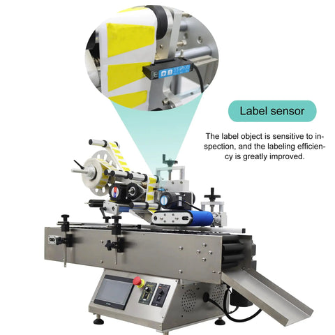 Close-up of label sensor on Heavy Duty Round Bottle Labeling Machine Horizontal Desktop Conveyor System High Speed Output.