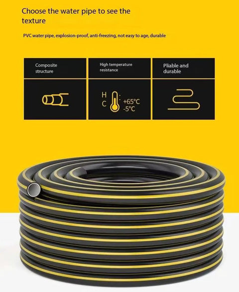 Hassle Free Wall Mounted Hose Reel With No Sweat Auto Rewind And Slick 180 Degree Swivel Bracket For Tangle Free Patio Garden Watering Holding Up To 32 Meters Of Heavy Duty Hose rolled PVC water pipe featuring black and yellow stripes.