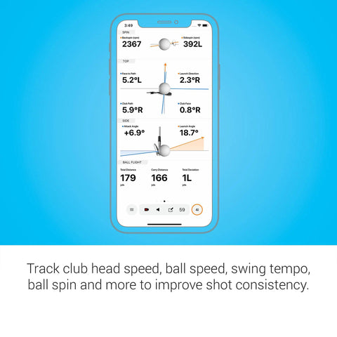 Phone screen showing real-time metrics on Approach R10 Portable Golf Launch Monitor for Indoor Practice and Driving Range.