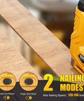 Heavy Duty 3 In 1 Cordless Staple Gun Runs On 21V Power And Shoots T50 Staples Plus 18 Gauge Brad Nails, showing wood with staples.