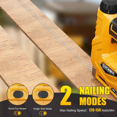 Heavy Duty 3 In 1 Cordless Staple Gun Runs On 21V Power And Shoots T50 Staples Plus 18 Gauge Brad Nails, showing wood with staples.