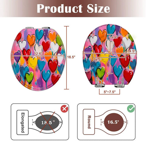 Generic Round Resin Toilet Seat for Bathroom showing dimensions of 16.5 inches length and 14.5 inches width with colorful hearts.