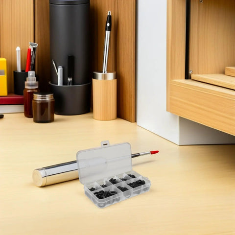 Heavy Duty Plastic Flat Washer Box Set With Assorted Spacers For Electrical Outlets And Mounting Hardware Black Insulating Washers For Durable Safe Electrical Work Multi Size Kit open compartment box on desk