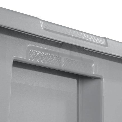 Close-up of the textured handle area on the Built Tough Eighteen Gallon Storage Bin With Secure Snap Lid.