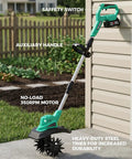Cordless 21V Tiller Cultivator For Gardening, 350 RPM Electric Garden Tiller With 2x3.0Ah Batteries resting against shed