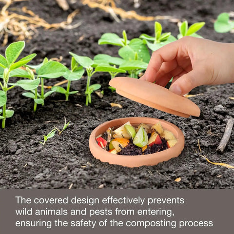 Clay 10 Inch Worm Compost Bin For Outdoor Gardens Turns Kitchen Scraps Into Rich Soil Fast With Perforated Holes Ceramic Worm Farm For Raised Beds And Home Composting System in soil with vegetable scraps.