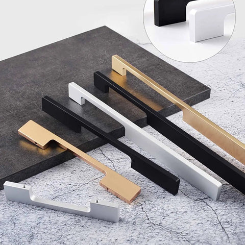 Two Pack Black T Bar Drawer Pulls 200mm Aluminum Alloy Cabinet Handles For Kitchen, Bathroom And Bedroom Modern Hardware displayed on marble surface