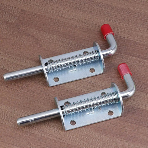 Premium Stainless Steel Spring Loaded Gate Latch And Bolt Hardware Set For Utility Dump Trailers Barn Doors close-up view showing spring mechanism.