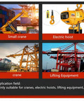 Grid of lifting equipment images including small crane, electric hoist, crane, and lifting equipment at industrial sites