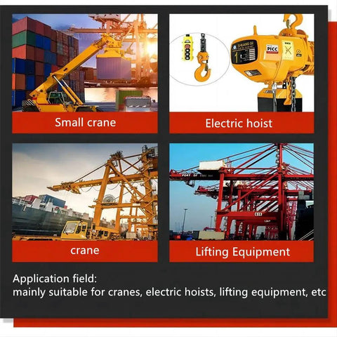 Grid of lifting equipment images including small crane, electric hoist, crane, and lifting equipment at industrial sites