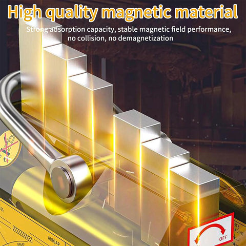 Permanent magnetic lifter with release, 440 lb, front view lifting steel plates; gold-colored stacked blocks