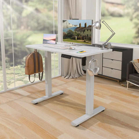 Dope Electric Sit Stand Desk With Smooth Lift 35 By 20 Inch Height Adjustable Standing Desk For Home Office Quiet Under 45dB Motor Ergonomic Computer Desk With Cable Management featuring white desk with lamp and monitor