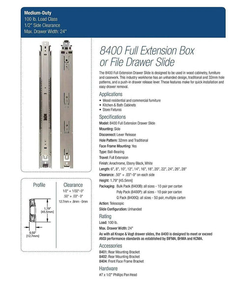 Side Mount Full Extension Drawer Slide 18 Inch Pair With Ball Bearing Glide For Cabinets, Furniture, Kitchen And Bathroom Drawers, Smooth, Quiet Operation And Easy Installation In Residential And Commercial Settings side view, 100 lb load class