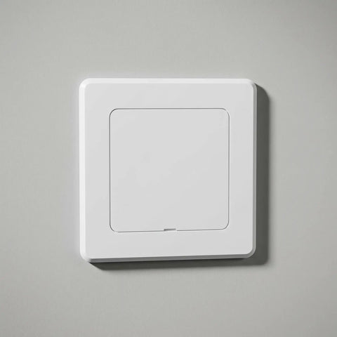 No Drill ABS Access Panel For Drywall Peel Stick Ceiling Pipe Cover Hides Nasty Pipes on gray wall, compact and smooth design.
