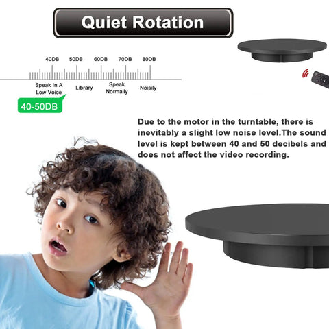 Slick Black Electric Turntable Motorized Rotating Display Stand With Remote Control for showcasing small items, showing quiet rotation specs.
