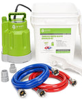 Kickin Heavy Duty Tankless Water Heater Flushing Kit with Pro Level Half Hp Pump Pushing 2500 GpH components including pump, hoses, and bucket.