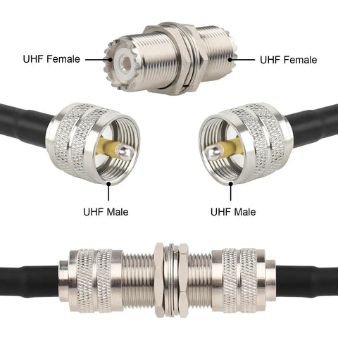 UHF Female to Female Bulkhead Connector for PL259 Coax, 50 Ohm RF Adapter, SO239 to SO239, Brass Nickel Plated With PTFE Insulator