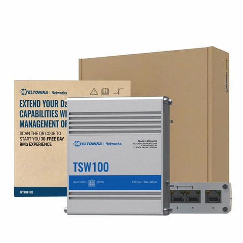 TSW100 Industrial PoE Plus Unmanaged Ethernet Switch With 5 Gigabit Ports, shown with packaging, front view