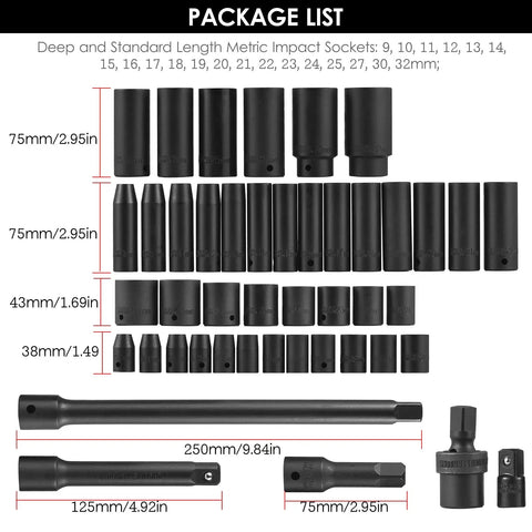 Top Tier HLFuBynox 45 Piece Metric Impact Socket Kit 1/2 Inch Drive With Deep Shallow Sockets Extension And Universal Joint Reducer For Auto Garage Tire Repair Jobs Under The Hood, metric sizes 9-32mm