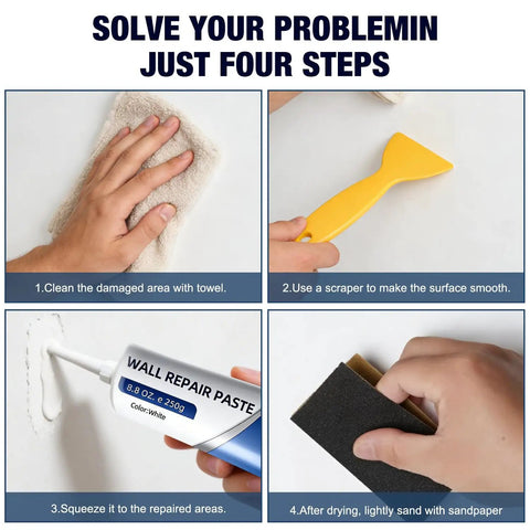 Steps to use Two Pack Quick-Dry Drywall Repair Kit With Scraper And Paste For Quick Fix Holes Cracks Scratches And Graffiti