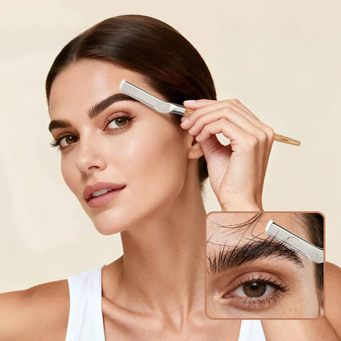 Get Your Brows In Tip Top Shape With This Manual Eyebrow Shaper Trimmer Featuring A Wooden Handle And Safety Mesh Guard For Dead On Facial Hair Removal For Men And Women Plus Stainless Steel Refills, handheld trimmer in use.