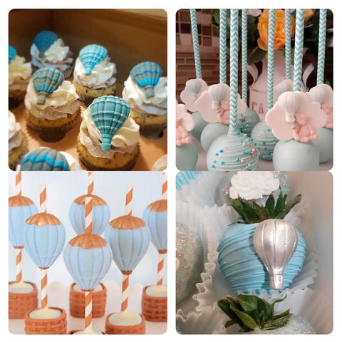 Cupcakes and cake pops with hot air balloon silicone molds for chocolate, fondant and cake decorating, showcasing realistic balloon details.