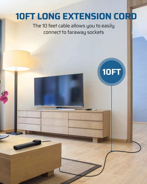 Two Pack 10 Foot Power Strip Surge Protector With Six Outlets, Flat Plug, shown in living room connecting TV unit