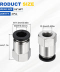 Two Pack Push To Connect Pneumatic Fittings For Three Eighths Inch OD Tubing One Eighth NPT Nickel Plated Brass Straight Female Adapter Air Line Quick Connect For Pneumatic Systems Black shown with dimensions