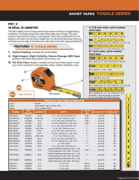 PGT3MV Short Tape Measure With Nylon Coated Steel Blade And Toggle Lock, 16mm By 3-Meter, High-Vis Orange ABS Case With Rubber Grip