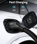 Tesla To J1772 Charging Adapter 60 Amp Plug And Play Ev Converter Weatherproof Ip65 Level 2 Electric Vehicle Connector charging a white EV.