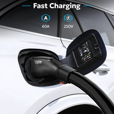 Tesla To J1772 Charging Adapter 60 Amp Plug And Play Ev Converter Weatherproof Ip65 Level 2 Electric Vehicle Connector charging a white EV.