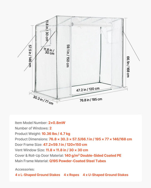 Walk In Greenhouse For Outdoors With Windows PE Cover Roll Up Zipper Door 76.8 Inches Long 30.3 Inches Wide 66.1 Inches High dimensions