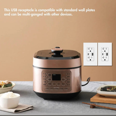 Dual USB C And USB A Wall Outlet with 4.8A 24W Quick Charge Receptacle on wall near kitchen setup with rice cooker