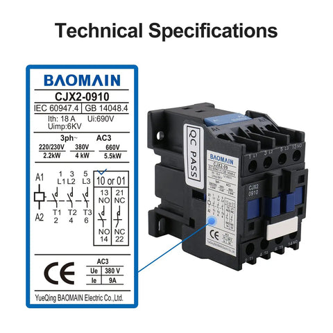Image of Three Pole AC Contactor 110VAC Coil 3NO 1NO Auxiliary 9A 380V AC with technical specifications.