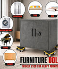 Heavy Duty Furniture Movers For Heavy Objects Set Includes 4 Triangular Moving Dollies With Nine 360 Rotation Silent Wheels Max Load Two Thousand Lbs Plus Pry Bar Spacers Gloves For Easy Home Relocation image showing dolly under cabinet with various furniture types.