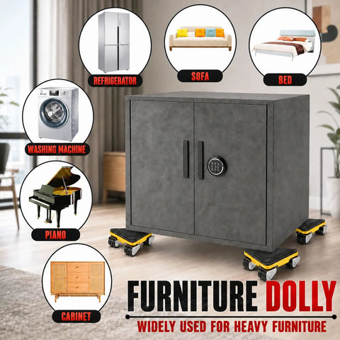 Heavy Duty Furniture Movers For Heavy Objects Set Includes 4 Triangular Moving Dollies With Nine 360 Rotation Silent Wheels Max Load Two Thousand Lbs Plus Pry Bar Spacers Gloves For Easy Home Relocation image showing dolly under cabinet with various furniture types.